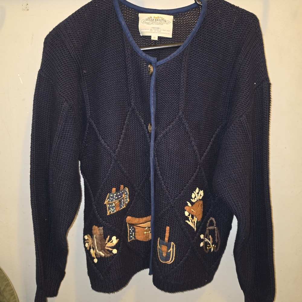 Susan Bristol Navy Embroidered Accent Cardigan